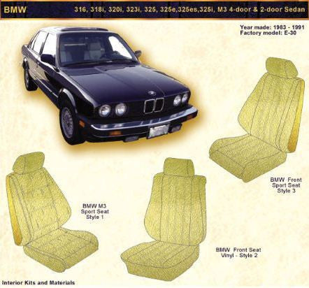 1983-1991 BMW 316, 318i, 320i, 323i, 325e, 325es, 325i, M3 4-door & 2-door Sedan Front Sport Seat upholstery Kit - Vinyl